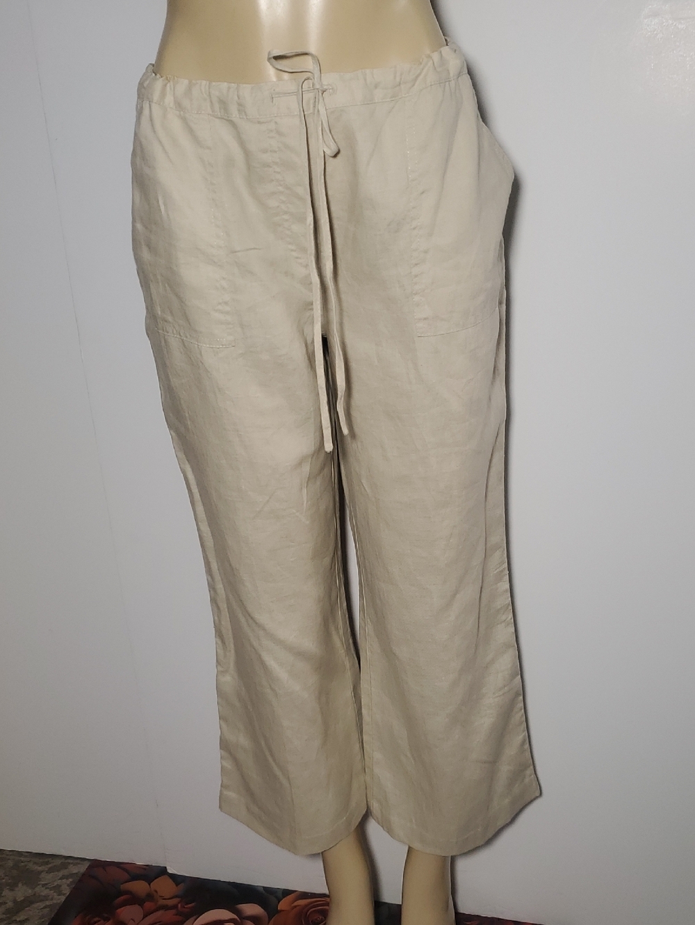 Moda international Wome's Drawstring 100% Linen Pants Cream Size M